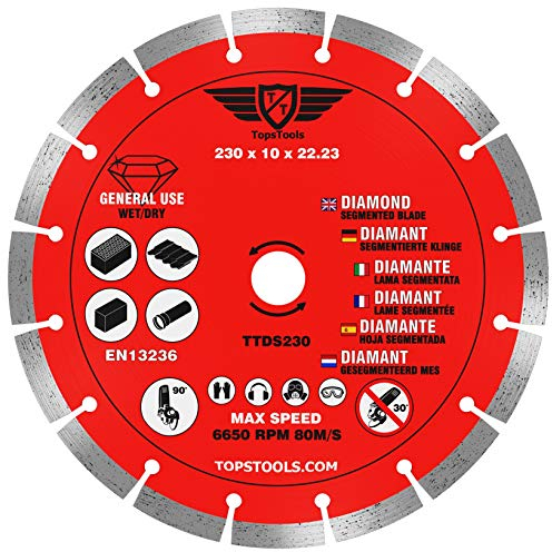 1 x TopsTools TTDS230 230mm (9 inch) x 10mm x 22.23mm Bore Segmented Diamond Angle Grinder Circular Saw Blade