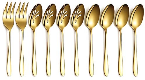 Juego de cubiertos de oro para servir de 10 piezas, juego de utensilios para servir de acero inoxidable, incluye cuchara ranurada, cuchara para servir, tenedor para servir