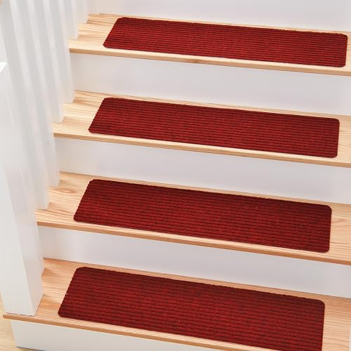 MBIGM 15er Set Stufenmatten 20 cm X 65 cm Treppenteppich Selbstklebend Sicherheit Stufenteppich für Kinder, Älteste und Haustiere, Rot