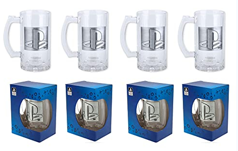 4 x Officially Licensed Playstation 500ml Glass Beer Drink Stein with Metal Logo Badge in Gift Box