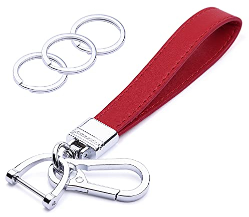 wisdompro Genuine Leather Car Keychain, Universal Heavy Duty Car Key FOB Key Chain Holder, leather Strap Keyrings for Car Keys with Anti-lost D-ring for Men & Women - Red