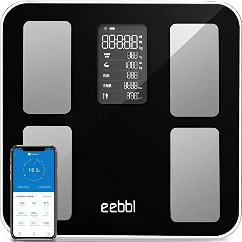 EEBBL Körperfettwaage Digital Personenwaagen Bluetooth Körperanalysewaage mit App Smart Waage für Körperfett, BMI, Muskelmasse, Protein, BMR, Schwarz, 16 Indikatoren
