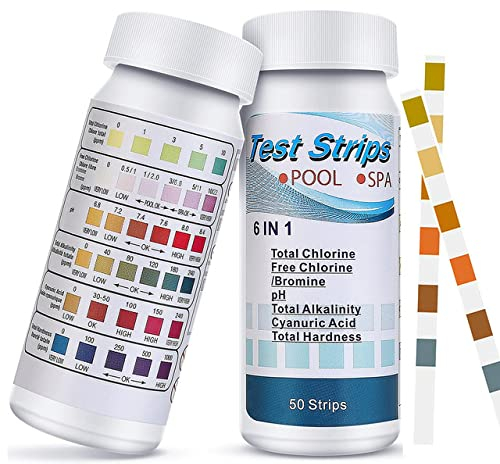50 Pcs Test Strips Hot Tub Spa,6 in 1 Kit Pool and Clear Chemicals DipSwimming for Rapid Measurement of Residual Chlorine in Water PH Total Hardness Alkalinity for Tubs Free Bromine Ttorage Bottle