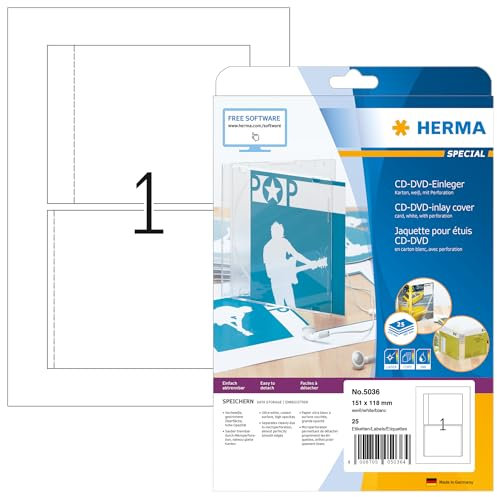 HERMA 5036 CD DVD Einleger für Jewel Case Hüllen perforiert, 800 Blatt, 151 x 118 mm, 1 pro A4 Bogen, 800 Stück, bedruckbar, matt, blanko Papier-Cover Inlays, weiß