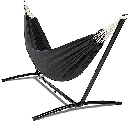 TERRE JARDIN - Hamac sur Pied, avec Support Métal, Charge Max 130 kg - Hamac avec Support, Toile en Tissu Polyester, Noir - Hamac Suspendu Jardin Balcon Extérieur et Terrasse - Résiste à l'eau