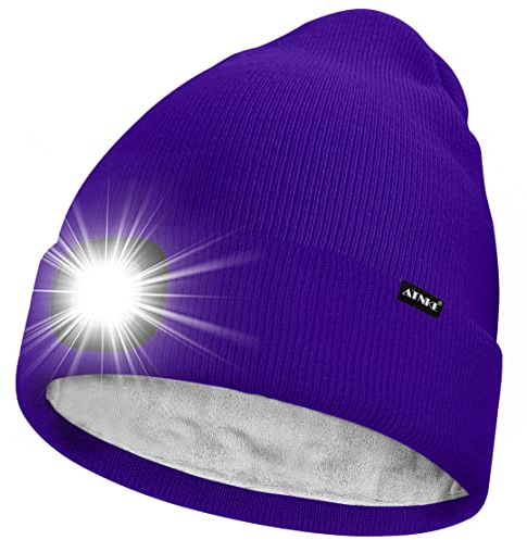 ATNKE LED Mütze mit Licht,Wiederaufladbare USB 4 LED Beleuchtete Laufmütze Extrem Heller Lampe Winter Warme Gefüttertes Fleece Stricken Mütze für Herren und Damen Geschenke/Purple
