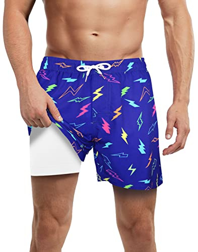 LUCOWEE Lightning Swim Trunks with Compression Lined for Men no Chafe Boxer Brief Lined Swimming Trunks Quick Dry UPF 50+ Stretchy 5.5 inch Inseam Bathing Suit Shorts Large