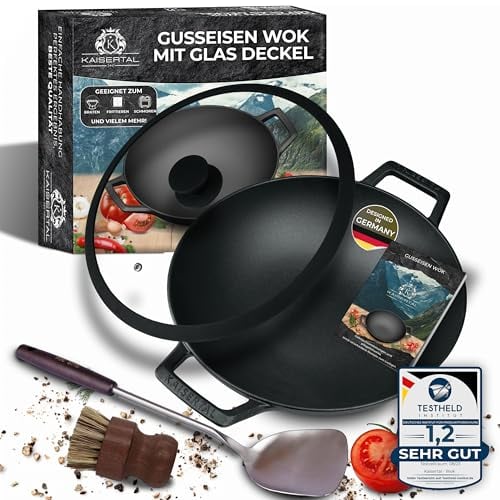 KAISERTAL® Gusseisenpfanne 32cm – Gusspfanne Induktion & Cast Iron Pan – Gusseisen Pfannen für Indoor & Outdoor, Backofengeeignet, voreingebrannt, Robuste Iron Cast Pan für Braten, Schmoren & Grillen