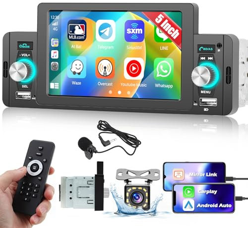 Hikity CarPlay Android Auto Wired, Autoradio Coche 1 DIN, 5'' Pantalla Tácti Estéreo, Bluetooth Manos, Libres Mirror, FM Radio, USB SWC, Cámara Visión Trasera & Control Remoto