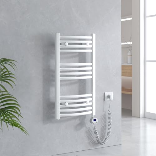 EMKE Badheizkörper Elektrisch 750 x 400 mm, Gebogen Handtuchheizkörper Elektrisch mit Thermostat, Handtuchtrockner Handtuchwärmer mit Timer Weiß 250W