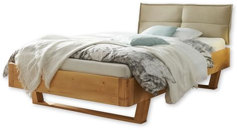 TJARK Modernes Massivholzbett 140x200, Fichte - Komfortables & hochwertiges Balkenbett mit gepolstertem Kopfteil - 146 x 89 x 219 cm (B/H/T)