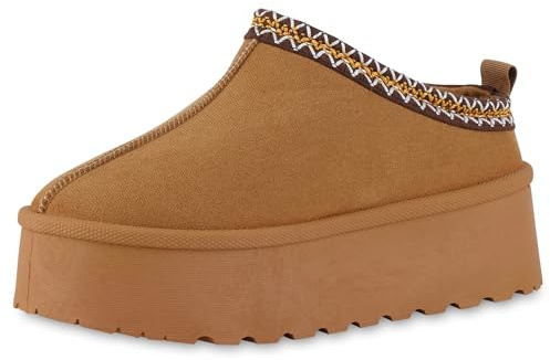 VAN HILL Damen Pantoffeln Plateau Prints Bequem Schuhe 214169 Hellbraun Robust 36