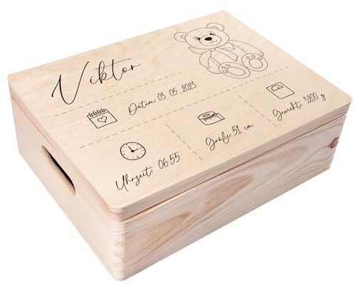 Creative Deco Erinnerungsbox Baby Personalisiert mit Namen | 40 x 30 x 14cm | Individuelle Erinnerungskiste Geschenk zur Geburt für Mädchen und Jungen | Holzkiste mit Deckel | Farbdruck