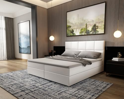 Sofa Dreams Leder Boxspringbett Lederbett Oeste Komplettbett mit Matratze und Topper - Bett in Premium Kunstleder (Weiss, 180x200 cm)