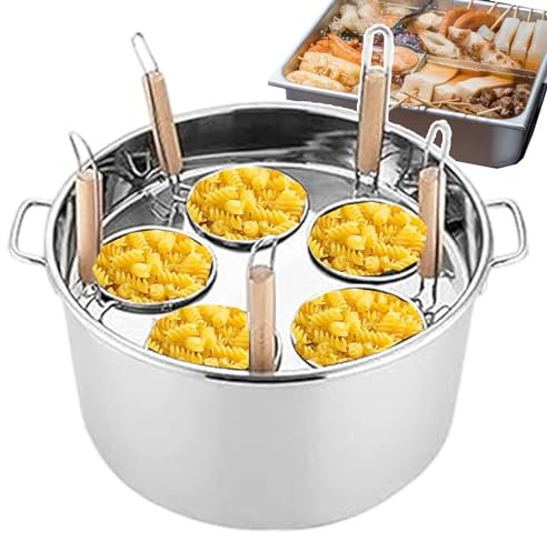 5 Hole Pasta Cooker for Food Stalls, Cooker Set Includes 5-Hole Noodle Pot Holder + 45cm Pot + 5 Funnel Baskets, Widely Used in Cafeterias, Restaurants, Takeaway Shops, Home