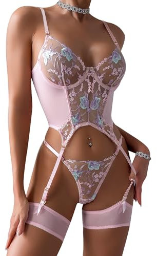 Aranmei Sexy Lingerie Set for Women with Garter Belt for Sheer Lace Bra and Mesh Lace Panty Teddy Bodysuit Lingerie Set Pink Lingerie, Pink S