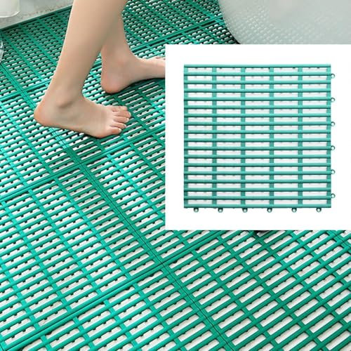 SUWOOPH Non-Slip Shower Mats for Bathroom, 11.8x11.8 inch Interlocking Floor Tiles, Quick Drainage, Waterproof, Anti-Slip, DIY Cuttable Rubber Mats for Pool, Kitchen(Green)