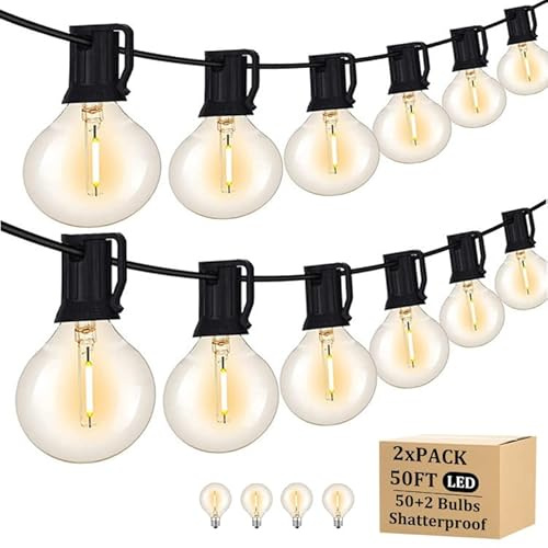 RYKUG 100FT Outdoor String Lights with 102 Shatterproof G40 LED Clear Globe Bulbs for Indoor/Outdoor, 2-Pack 50FT Connectable Hanging Lights for Party Decor