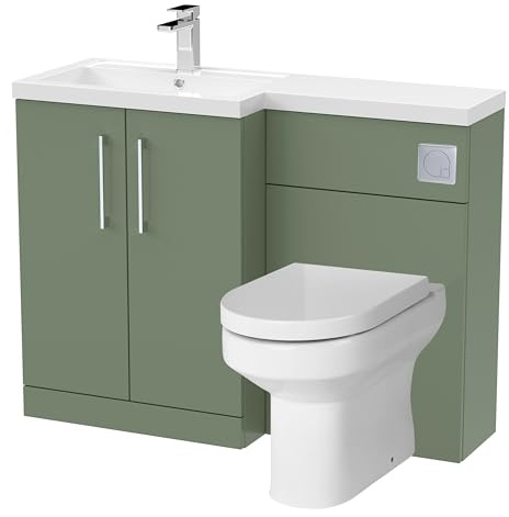 Balterley Vanity Unit with Basin, WC Unit with Toilet Pan, Seat, Cistern, Floor Standing 2 Door Soft Close Vanity, Toilet Pan with Soft Close Seat, Left Hand Bathroom Sink Storage (Green)
