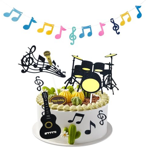 TYFGRT 8 Stück Musik-Kuchenaufsätze, 1 Stück Musiknoten-Flagge, Gitarren-Kuchendekoration, Musiknoten-Cupcake-Topper, Geburtstagsmusik-Partydekorationen