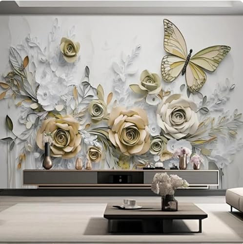pdghsdkgjh Wallpaper 3D Yellow Flowers Leaves Butterfly Mural for Living Room TV Background Wall Painting