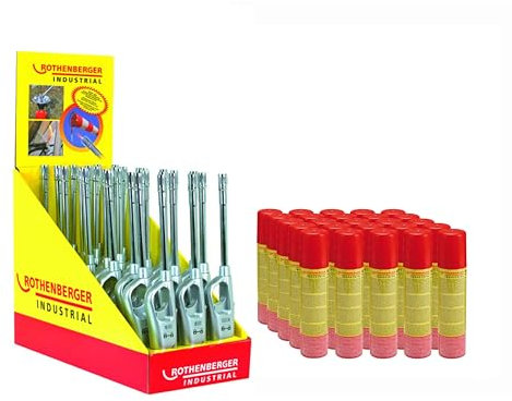ROTHENBERGER Industrial 30x Gasanzünder Schwanenhals im Theken-Display und 25x Rofill Nachfüllgas, Feuerzeug, Sturmsicher, Abzugsperre, Piezo, Füllanzeige, Wiederbefüllbar