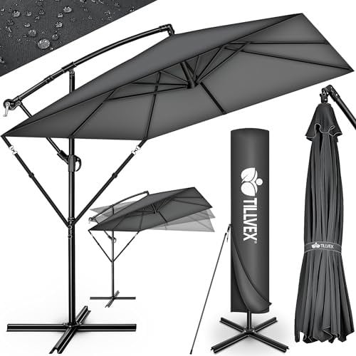 tillvex® Sombrilla de Jardín Rectangular Ø 330 cm con Manivela + Funda con Manivela | Sombrilla con soporte & Protección Viento | Parasol mercado impermeable + Protección UV (Antracita - sin LED)