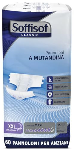 Soffisof Classic Couches Adultes Maxi XXL - 60x Couche Adulte Incontinence - 4 Paquets de 15 Pièces Change Complet Adulte - Absorption 9 Gouttes - Taille XXL (155-175 cm)