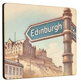 Wooden Fridge Magnet - Edinburgh Street Sign Design with Castle Background (mag-kf25-2603)