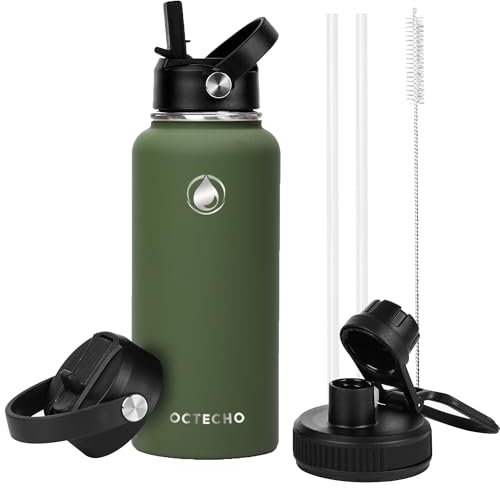 OcTecho Metal Water Bottle with Straw, 1L Stainless Steel Water Bottle 2 Leakproof Lid, BPA Free Double Walled Vacuum Insulated Water Bottle Thermal for 12h Hot & 24h Cold,for Man,Woman-Olive Green