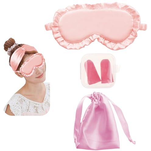 JK Home Sommeil Masque de Nuit Lace Sangle Elastique Cache Yeux Rose | en Soie Imité pour Dormir Sac de Rangement Bouchons d'Oreille Voyage Aéroport
