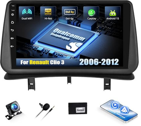 CAMECHO Qualcomm Octa Core 4G +64G Android 15 Radio para Renault Clio 3 2006-2012,Doble DIN Radio con 9 Pulgadas Touchscreen,CarPlay,Dual WiFi,navegación GPS,Bluetooth5.1,Dolby/Hi-Res+Cámara Trasera