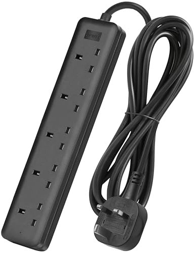 LIPWEL Extension Lead 5m Long Extension Cable 5 Way Power Strip Fireproof Power Socket Black Extension Cord 3250W Muti Plug for Home, Office&Garden