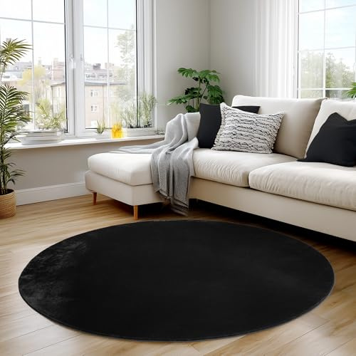 Carpettex Runder Teppich Schwarz 160 cm- Kurzflor Teppich Waschbar, rund, weich & rutschfest, modern einfarbiges Design für Wohnzimmer, Küche Schlafzimmer, & Kinderzimmer