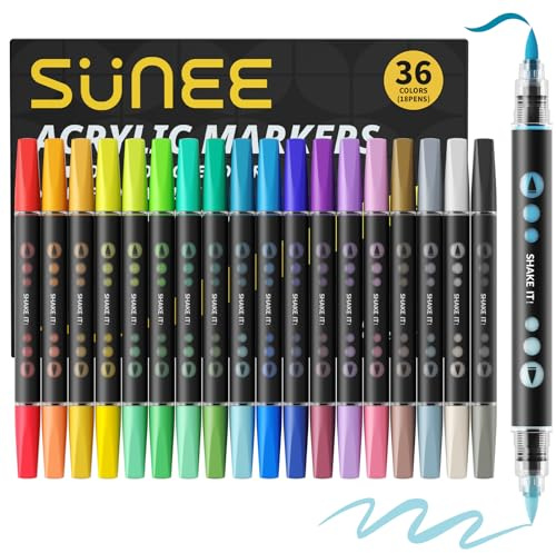 SUNEE Acrylic Paint Pens 36 Colors, 18 Pack Acrylic Markers Pens with Brush Tip, Art Supplies for Adults & Crafts