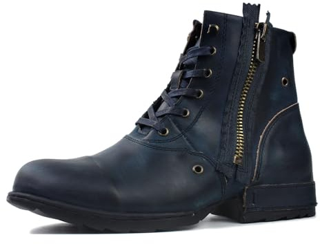 OSSTONE Western Stivali Biker Boots Vintage Maschio Mens Motociclo Botas Cerniera su in Pelle retrò Stile Uomo Stivaletti OS-5008-8-I,Blu Retro，US10(EU44)
