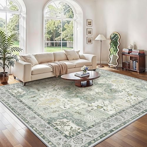 GENIMO Vintage Groß Grün Teppich Wohnzimmer 240x300cm Waschbar & rutschfest | Waschbarer Retro Teppich,Weich,Rutschfest Kurzflor,für Wohnzimmer,Schlafzimmer, Esszimmer,Büro,Carpet,Teppiche