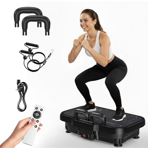 Piastra vibrante sportiva per casa, 1 – 180 diverse intensità di vibrazione, per costruzione muscolare, perdita di grasso e allenamento di tutto il corpo, viene fornito con 2 maniglie di supporto e 2