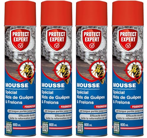 PROTECT EXPERT 4 Aérosols Anti-Guêpes & Frelons - Mousse - 4x600ml | Jet Longue Portée - Traitement à Distance - Pulvérisation Jusqu'à 3m - Action Choc & Foudroyante - GUEPMOUS600NX4