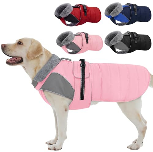 Nanaki Hundemantel für den Winter, wasserdicht, warmes Fleecefutter, reflektierend, große Hundejacke mit Loch für die Leine, pelziger Kragen, kaltes Wetter, Welpenjacke, Outdoor, Spaziergänge, Jagd