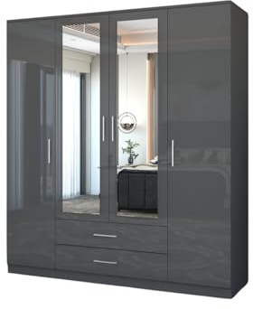 GLOSSIQUE 4 Door High Gloss Wardrobe with Drawers & Shelves – Modern Mirror Wardrobe for Bedroom (Dark Gray, 160cm)