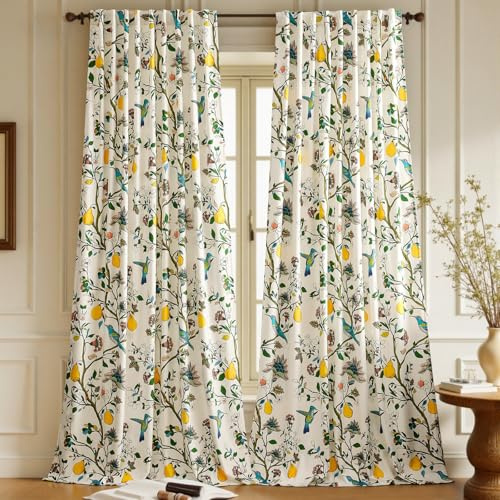 GIGIZAZA 140x240cm Samt Weiße Vorhänge Blackout Blumen Gardinen Blätter Vogel Muste Vintage Vorhang，2er Set Verdunkelung Hitzeschutz Schiebevorhänge Für Schlafzimmer Wohnzimmer