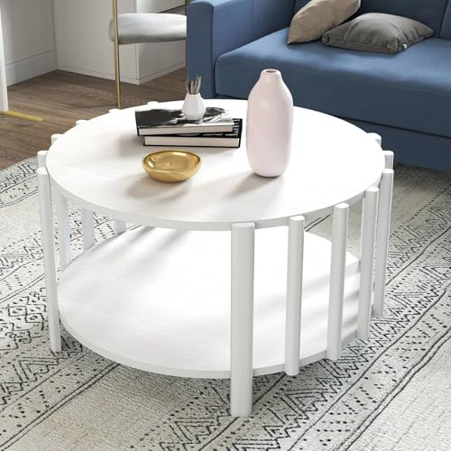 ALIESTFDNO Couchtisch Rund aus Holz, Wohnzimmertisch Rund Weiß, 2 Ebenen Wohnzimmer Tisch mit Stauraum Coffee Table 74 cm d, 40 cm H, Wasserfester Holzoberfläche und Anti-Rutsch-Füßen（Weiß）