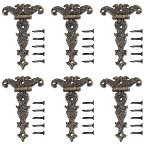 YAXIAO 6 Pezzi Cerniere Antiche a T 11.3×6.9 cm Cerniere per Mobili in Lega di Zinco Anticata Cerniera Decorativa Vintage in Bronzo per Armadi Cassetti Scatole Porte in Legno Portagioie Finestre