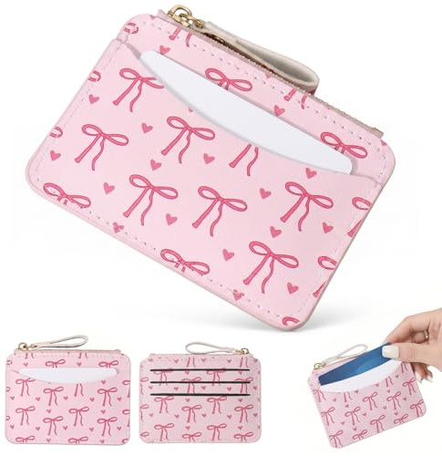 BCHMN Portafoglio Donna Piccolo Slim con Cerniera, Mini Porta Carte di Credito e Portatessere Elegante con Fiocco Rosso, Borsellino Sottile e Compatto per Ragazza e Signora, Rosa