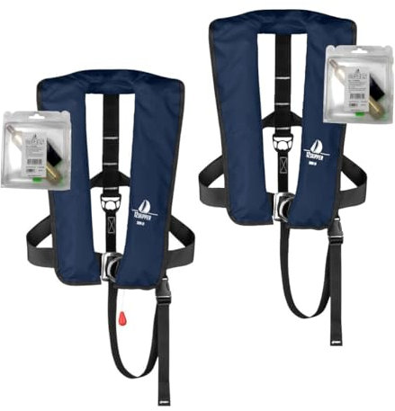 Set di 2 12skipper giubbotti di salvataggio automatici 300N ISO UML con imbragatura incl. 2 kit di manutenzione, blu navy