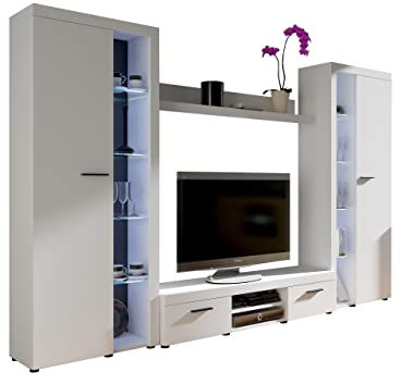 Mirjan24 Wohnwand Rango XL, Modernes Wohnzimmer Set, Design Anbauwand, Schrankwand, Mediawand, Vitrine, TV Lowboard, (Weiß, ohne Beleuchtung)