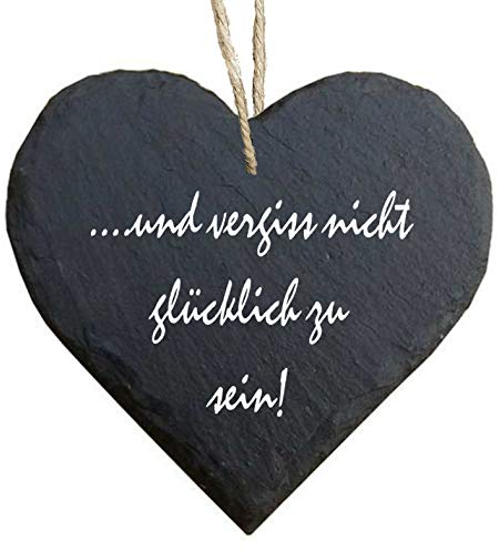 Homeyourself Herz Schieferherz Schiefer Schieferschild 10 x 10 cm und vergiss Nicht glücklich zu Sein schwarz Dekoschild Wandschild Schild Stein Geschenk