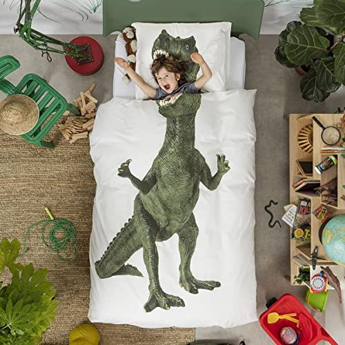 Snurk Bettbezug und Kissenbezüge, Dinosaurier-Druck, 100 % hochwertige Baumwolle, für Kinder und Mädchen, Farbe Weiß, Größe – Einzelbett 155 x 220 cm