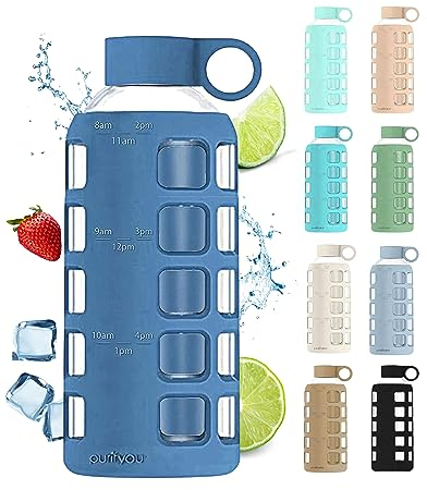 purifyou Bouteille d'eau en verre de qualité supérieure avec manchon en silicone antidérapant et couvercle en acier inoxydable, 0,6/22/946,2 ml (porcelaine chinoise, 650 ml)